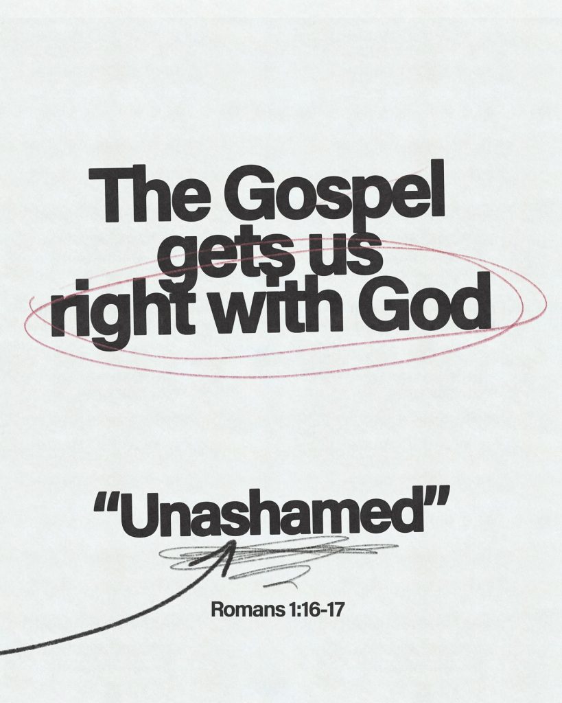 Text graphic that reads "The Gospel gets us right with God."